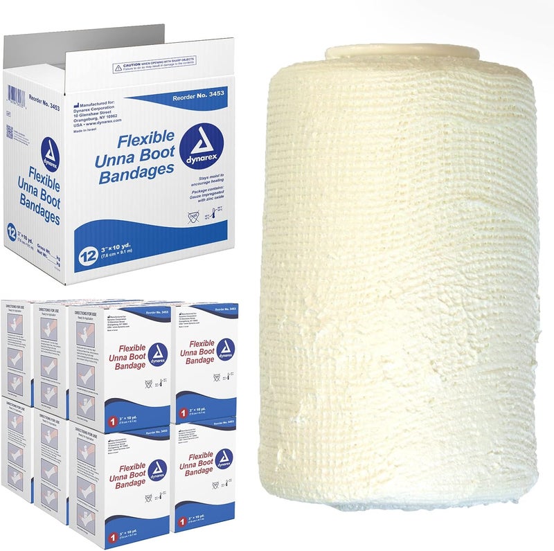 Dynarex Dynarex 3453 Unna Boot Bandage, Individually Packaged, Provides Customized Compression, With Zinc Oxide, Soft Cast, 3" x 10 Yard, Pack of 12 
