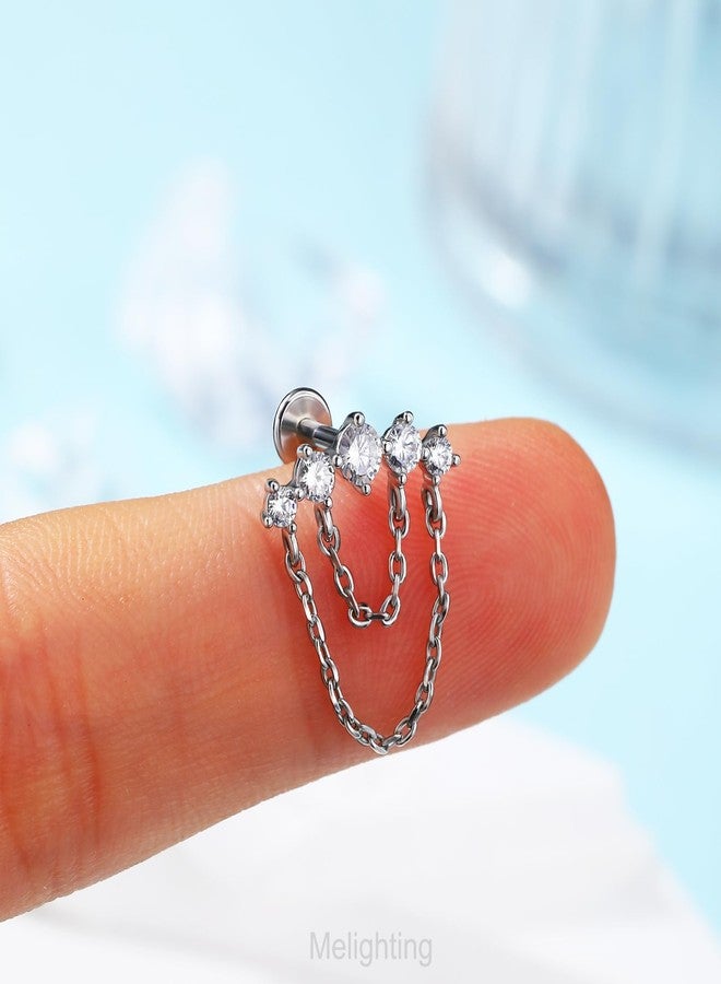 Melighting Double Chain Cartilage Earring 16G Curved Helix Earring Internally Threaded Clear Cz Stainless Steel 316L Flat Back Earring Stud For Women - Image 2