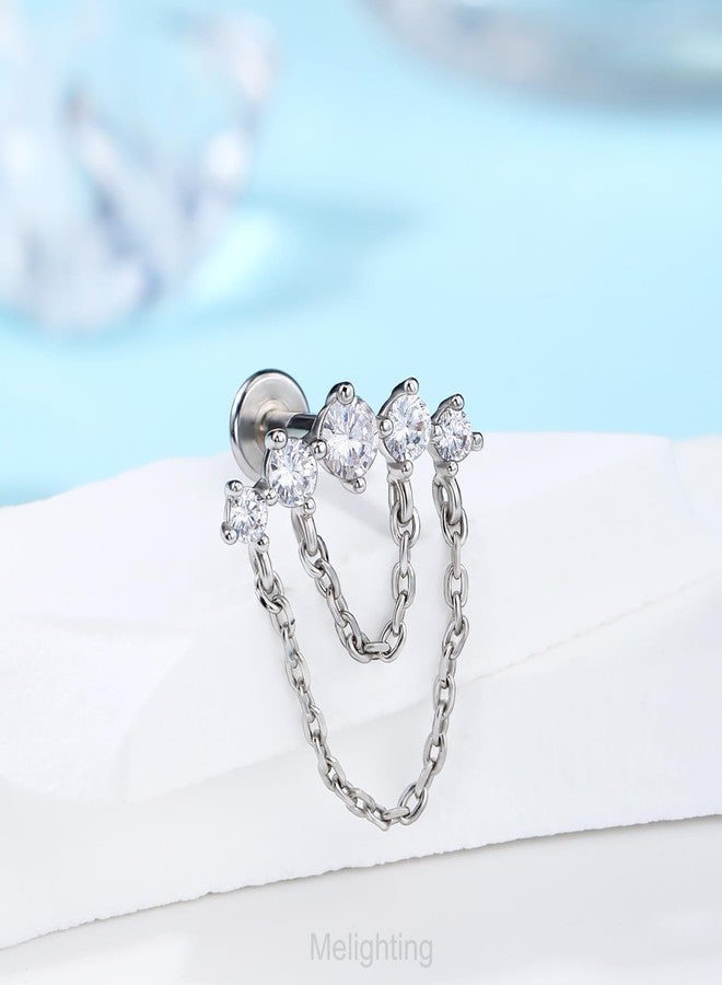 Melighting Double Chain Cartilage Earring 16G Curved Helix Earring Internally Threaded Clear Cz Stainless Steel 316L Flat Back Earring Stud For Women - Image 4