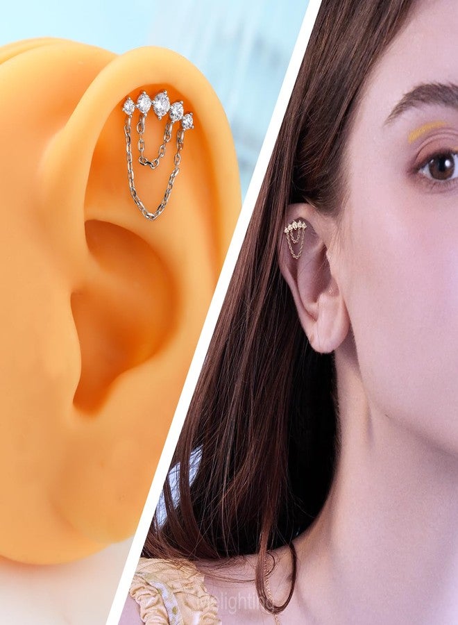 Melighting Double Chain Cartilage Earring 16G Curved Helix Earring Internally Threaded Clear Cz Stainless Steel 316L Flat Back Earring Stud For Women - Image 5