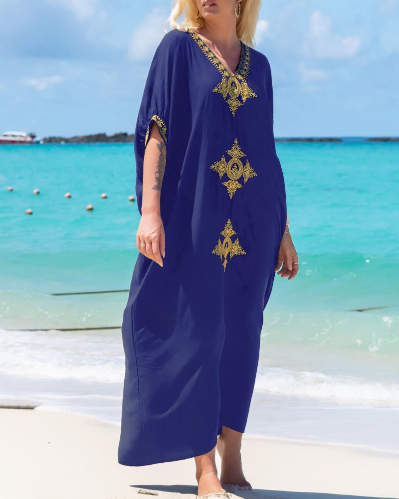 Bsubseach Gold Embroidery Long Kaftan Dresses V Neck Caftan Dress Beach Cover Ups for Women Navy Blue - Image 4
