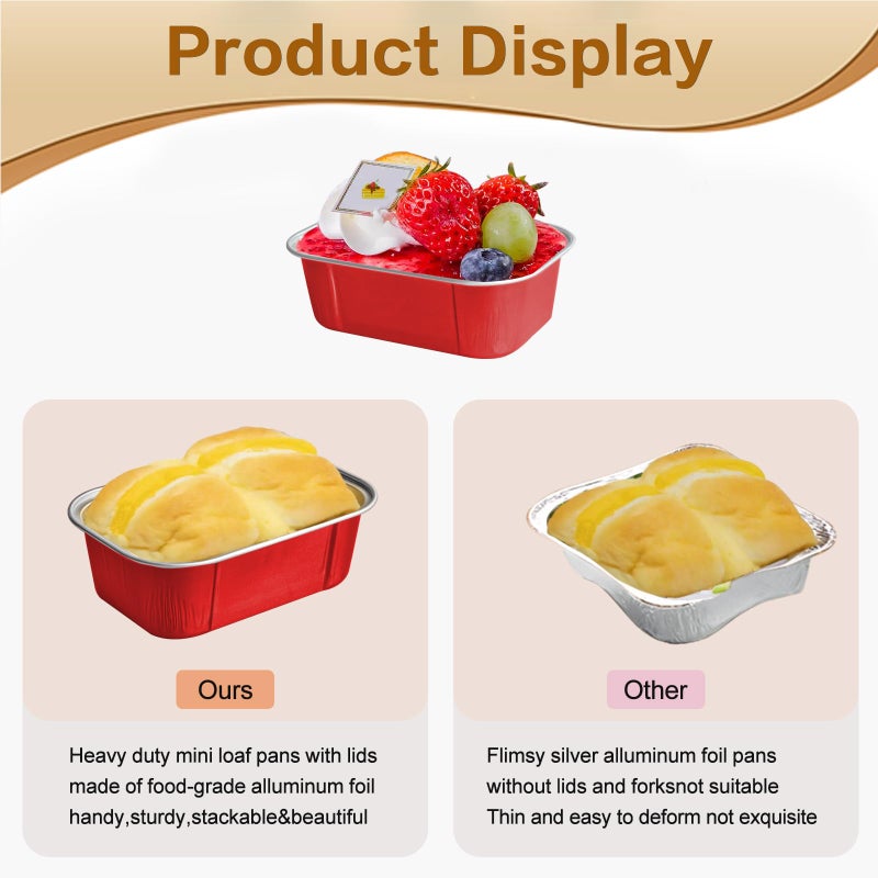 OBXMLFY mini loaf pans with lids and spoons 50 Pack,5.5 oz Rectangle mini individual cake tins Disposable Small Aluminum Foil Baking pans(50, Red) - Image 5