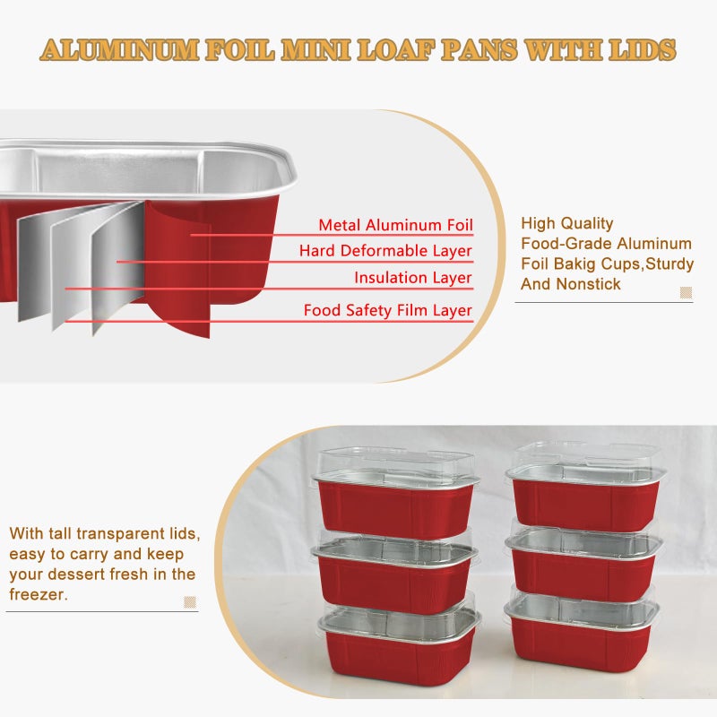 OBXMLFY mini loaf pans with lids and spoons 50 Pack,5.5 oz Rectangle mini individual cake tins Disposable Small Aluminum Foil Baking pans(50, Red) - Image 3