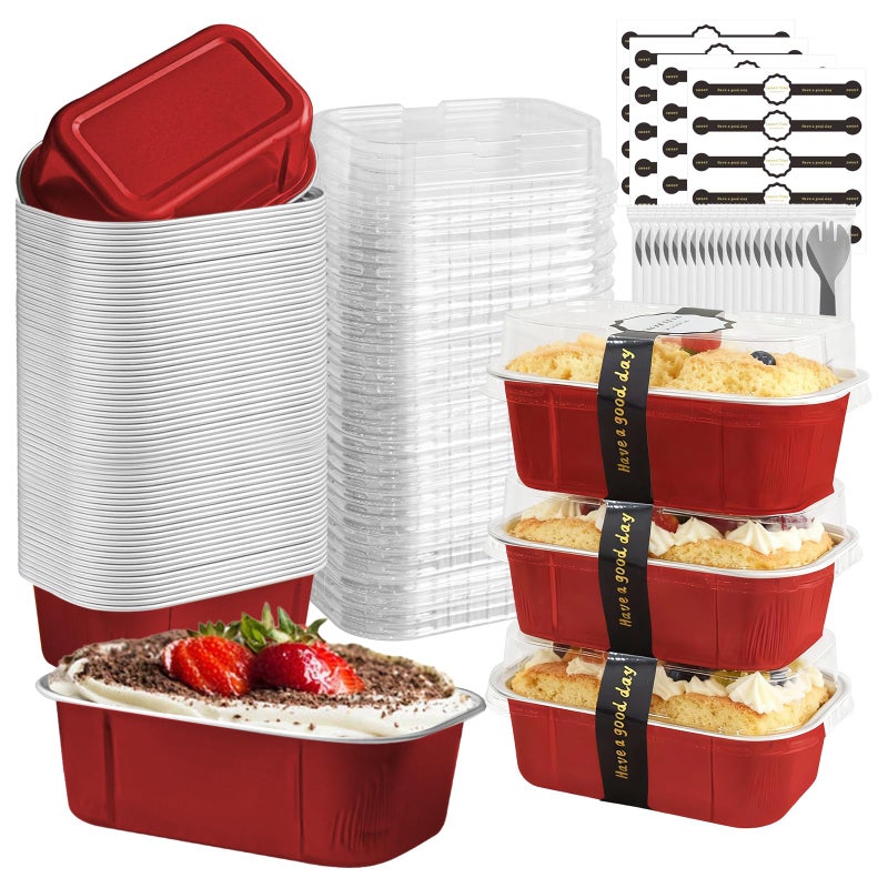 OBXMLFY mini loaf pans with lids and spoons 50 Pack,5.5 oz Rectangle mini individual cake tins Disposable Small Aluminum Foil Baking pans(50, Red) - Image 1