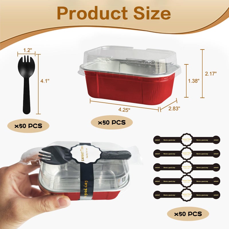 OBXMLFY mini loaf pans with lids and spoons 50 Pack,5.5 oz Rectangle mini individual cake tins Disposable Small Aluminum Foil Baking pans(50, Red) - Image 2