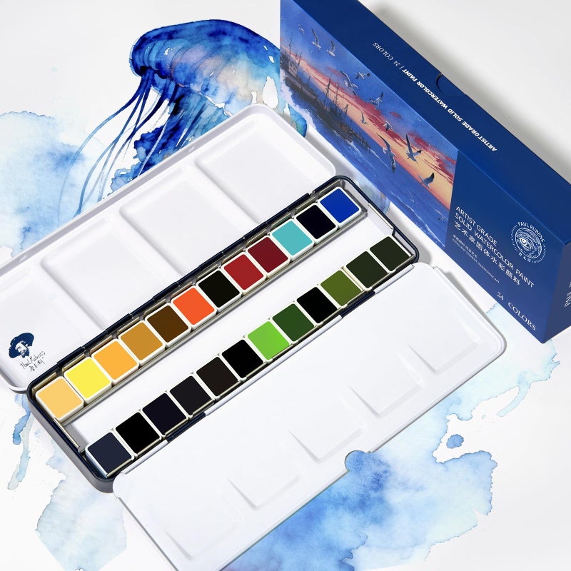Paul Rubens Professional Watercolor Set - 24 Vibrant Ocean Colors for Seascape Painting, Artist-Grade Travel Watercolor Paints in Portable Metal Tin Box, Ideal for Artists, Beginners & Students - Image 1