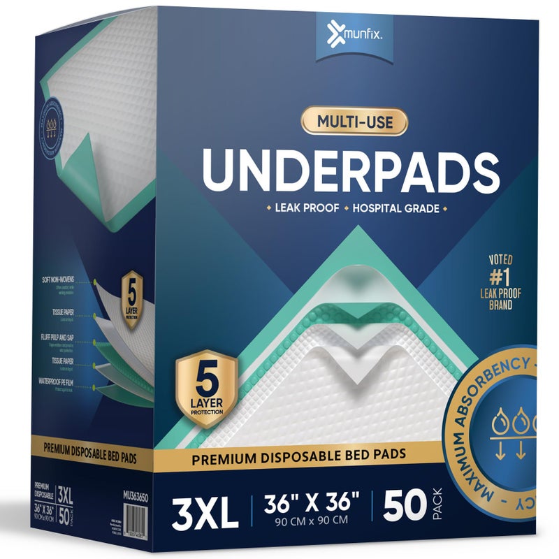 Munfix 50 Pack Disposable Bed Pads 36 X 36 Inches, Super Absorbent Extra Large Incontinence Underpads, 125 Gram Heavy Duty Ultra Absorbency Medical Chux, Baby Changing Pad, Dog Puppy Pet Training Pee Pad - Image 1