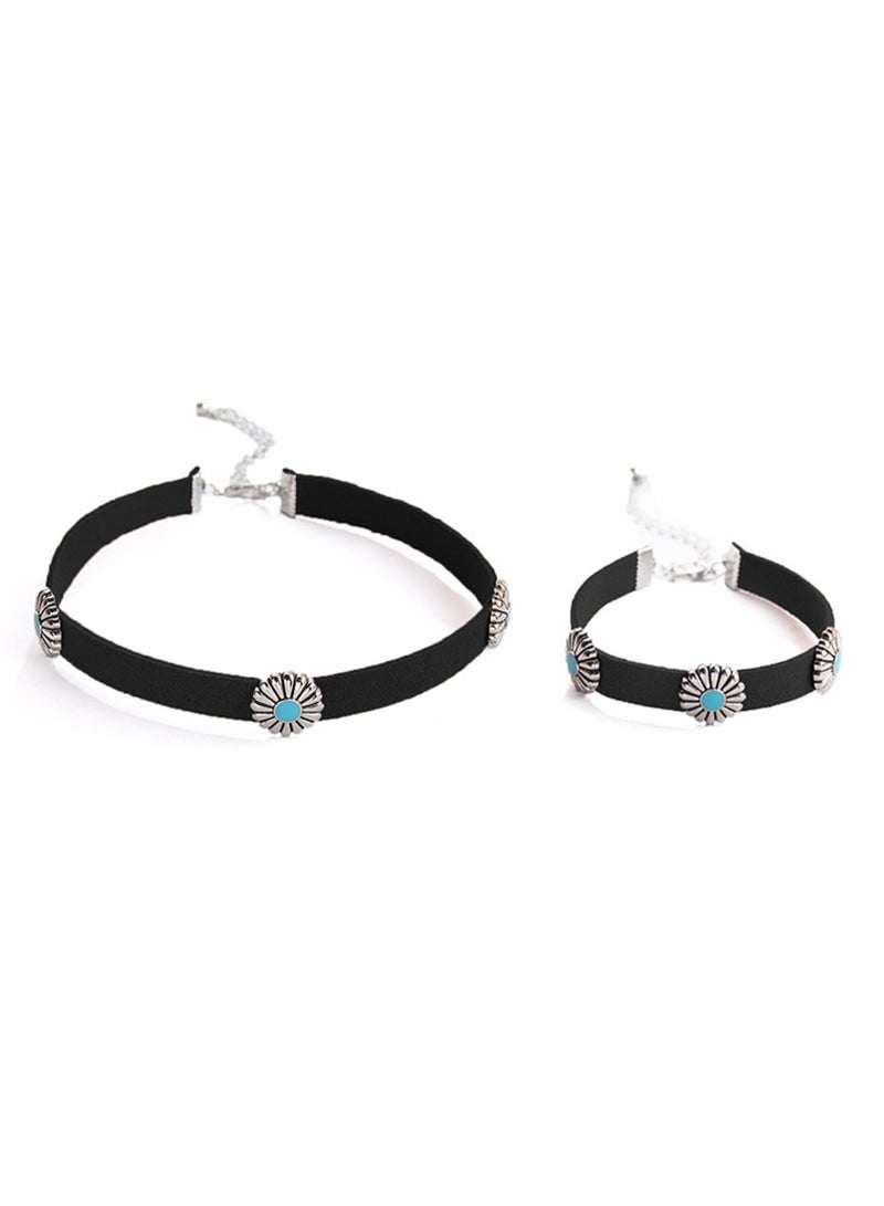 2-Piece Set Hot-Selling Retro Metal Chrysanthemum Turquoise Korean Velvet Necklace Choker Bohemian Neck Chain Bracelet Accessories (Black) - Image 1