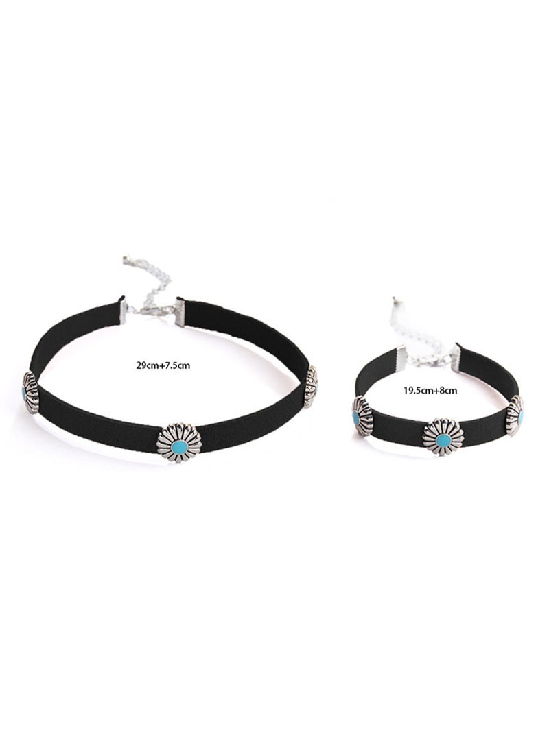 2-Piece Set Hot-Selling Retro Metal Chrysanthemum Turquoise Korean Velvet Necklace Choker Bohemian Neck Chain Bracelet Accessories (Black) - Image 2