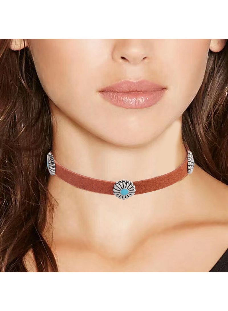 2-Piece Set Hot-Selling Retro Metal Chrysanthemum Turquoise Korean Velvet Necklace Choker Bohemian Neck Chain Bracelet Accessories (Black) - Image 3
