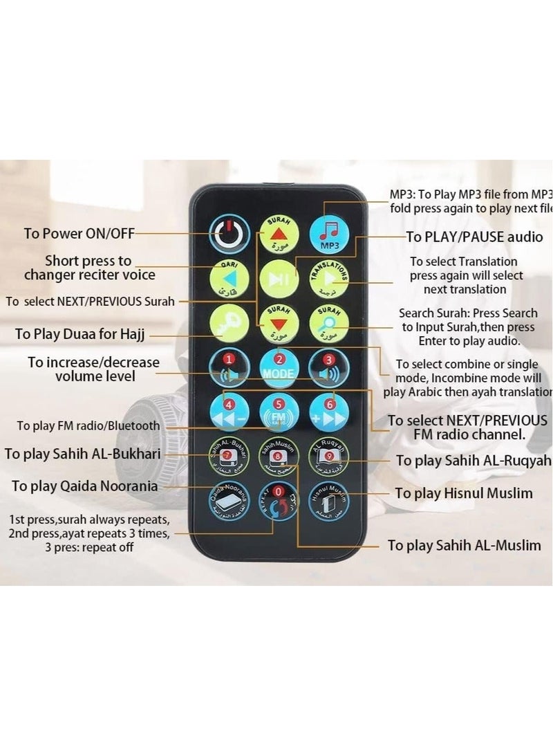 مكبر صوت القرآن المحمول بلوتوث SQ200 – مشغل MP3 بسعة 8GB مع جهاز تحكم عن بعد، راديو FM، وترجمة القرآن (أزرق) - Image 4