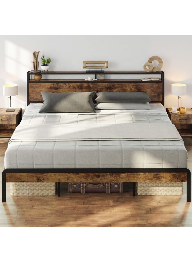 King Size Bed Frame, Platform Bed with 2-Tier Storage Headboard, Solid