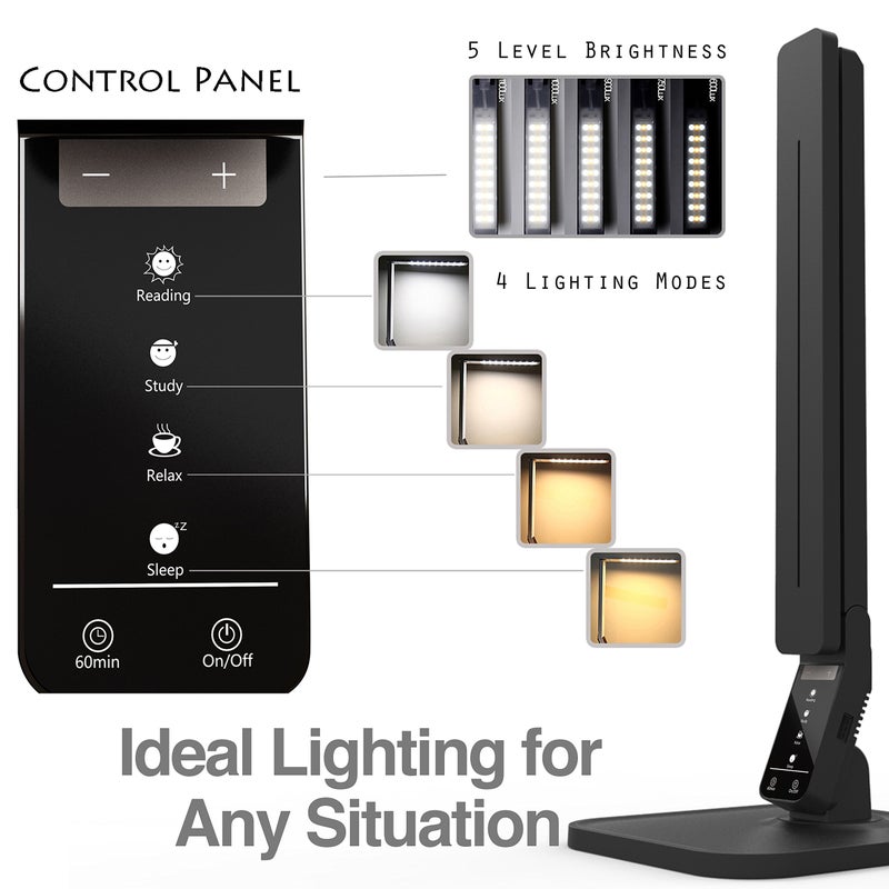 Lampat Dimmable LED Desk Lamp, 4 Lighting Modes (Reading/Studying/Relaxation/Bedtime), 5-Level Dimmer, Touch-Sensitive Control Panel, 1-Hour Auto Timer, 5V/1A USB Charging Port, Piano Black - Image 3
