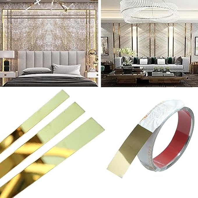 16FT/5M GOLD METALIZED WALL TRIM MOLDING PEEL & STICK, STAINLESS STEEL SELF ADHESIVE GOLD MIRROR TRIM FOR WALL, CEILING, CABINET, DOOR FRAME MOULDING (1 W) - Image 1