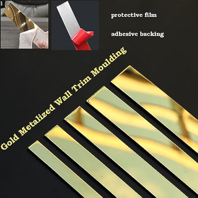 16FT/5M GOLD METALIZED WALL TRIM MOLDING PEEL & STICK, STAINLESS STEEL SELF ADHESIVE GOLD MIRROR TRIM FOR WALL, CEILING, CABINET, DOOR FRAME MOULDING (1 W) - Image 2