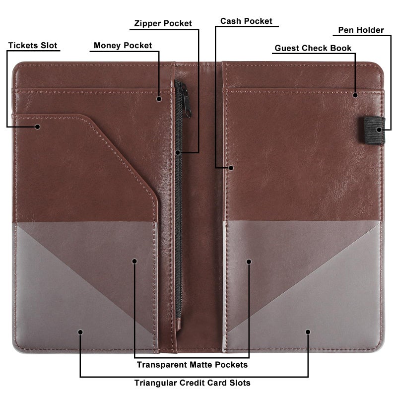 EcoVision Server Book for Waitress, Leather Waiter Organizer with Zipper Pocket, Restaurant Waitstaff Booklet, Guest Check Holder with Money Pocket, Fits Server Apron (Brown) - Image 3