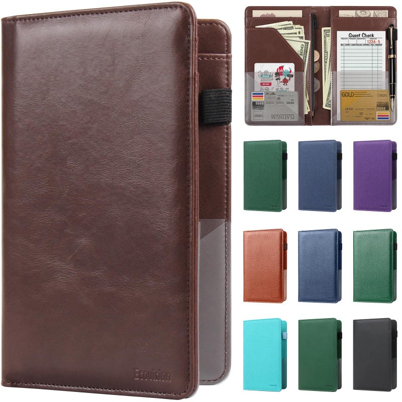 EcoVision Server Book for Waitress, Leather Waiter Organizer with Zipper Pocket, Restaurant Waitstaff Booklet, Guest Check Holder with Money Pocket, Fits Server Apron (Brown) - Image 1