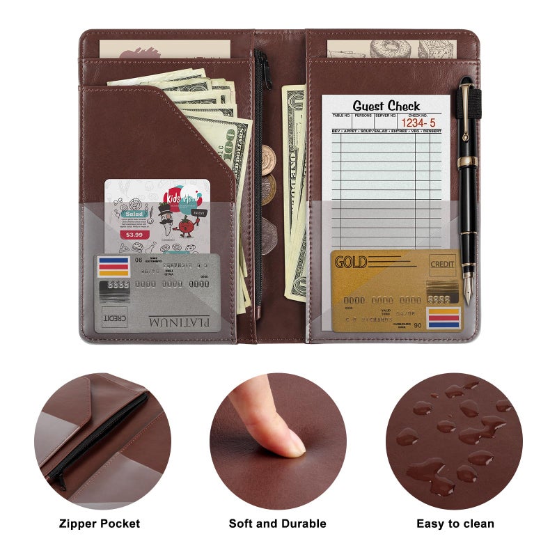 EcoVision Server Book for Waitress, Leather Waiter Organizer with Zipper Pocket, Restaurant Waitstaff Booklet, Guest Check Holder with Money Pocket, Fits Server Apron (Brown) - Image 4