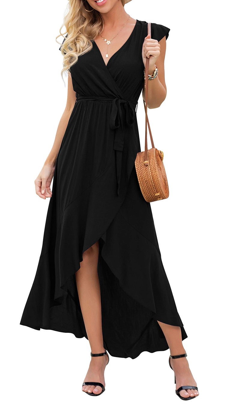 GRECERELLE Women's Summer Casual Cross V Neck Dress Bohemian Flowy Long Maxi Dress Black-Small - Image 4