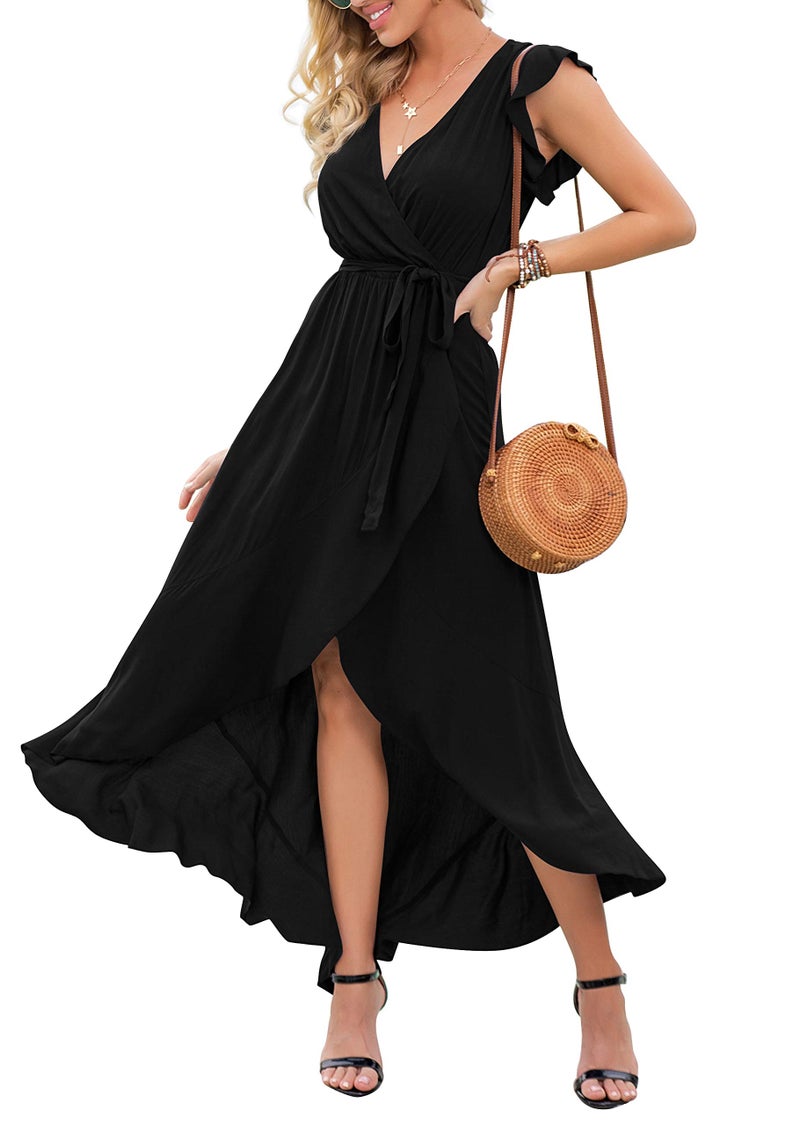 GRECERELLE Women's Summer Casual Cross V Neck Dress Bohemian Flowy Long Maxi Dress Black-Small - Image 2