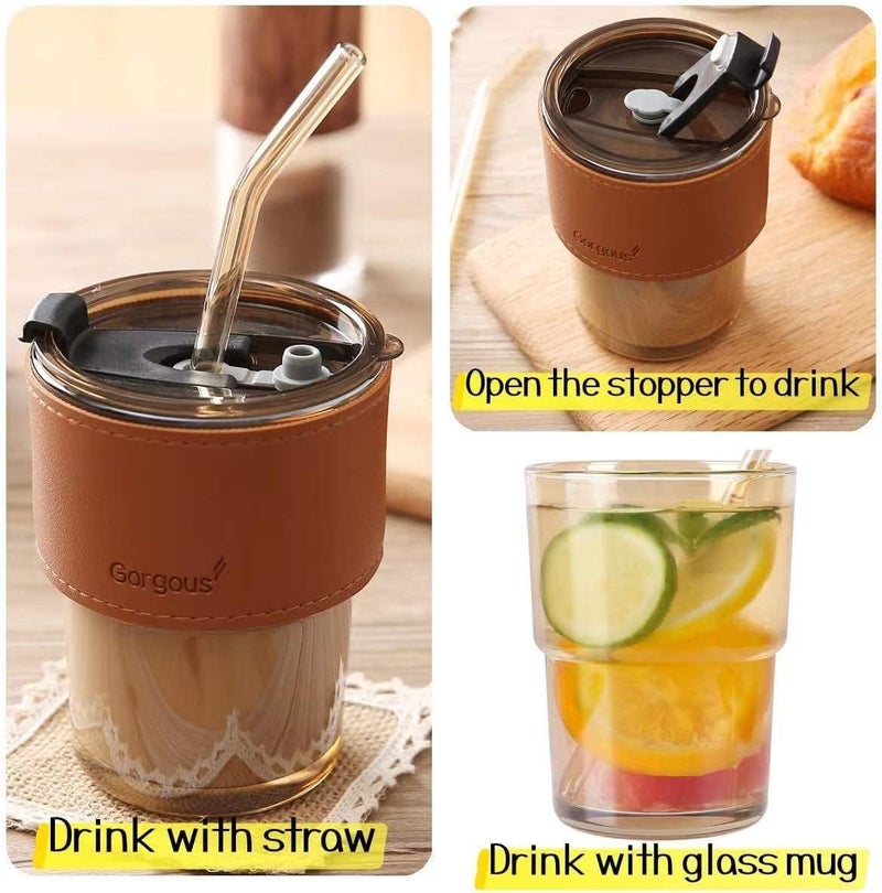 KELVEE Glass Tumbler With Silicone Straw and Lid 360 ml, Cup With Leather Sleeve, Coffee Mug for Straw and Direct Drinking, Summer Travel Essential Bottle (Amber) - Image 3