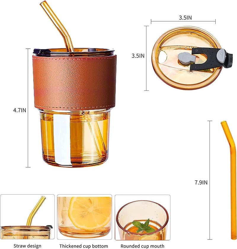 KELVEE Glass Tumbler With Silicone Straw and Lid 360 ml, Cup With Leather Sleeve, Coffee Mug for Straw and Direct Drinking, Summer Travel Essential Bottle (Amber) - Image 5