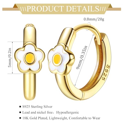 MILACOLATO 925 Sterling Silver Small Hoop Earrings Toddler 18K Gold Plated Daisy Earrings Yellow FLower Huggie Hoop Earrings for Women Hypoallergenic Earrings for Sensitive Ears - Image 2