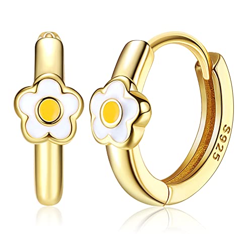 MILACOLATO 925 Sterling Silver Small Hoop Earrings Toddler 18K Gold Plated Daisy Earrings Yellow FLower Huggie Hoop Earrings for Women Hypoallergenic Earrings for Sensitive Ears - Image 1