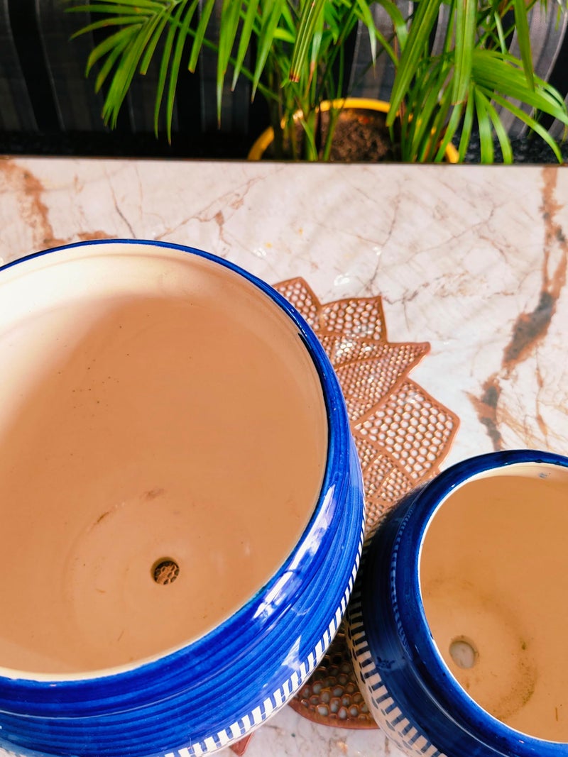 Niyara Multicolor Designer Handmade Handi Combo Ceramic planters Pot for Indoor Outdoor Home,Garden Office Decor Balcony Flower Size- 20 cm and 15 cm (Blue & White) - Image 3