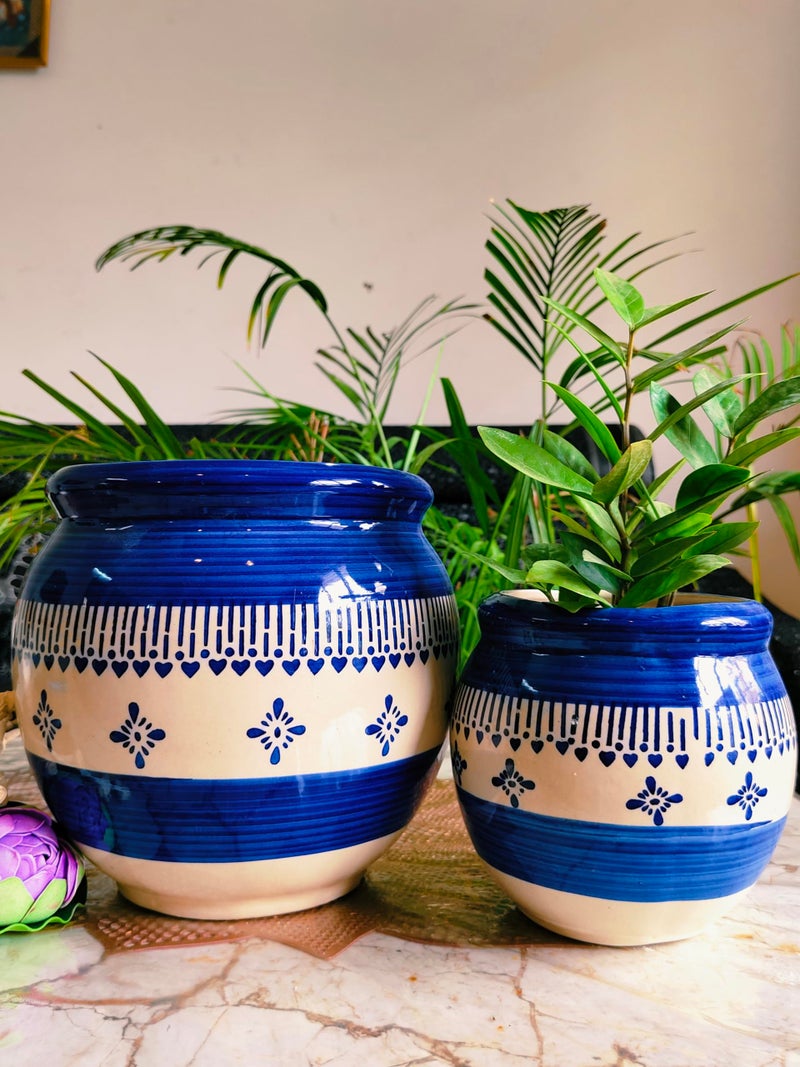 Niyara Multicolor Designer Handmade Handi Combo Ceramic planters Pot for Indoor Outdoor Home,Garden Office Decor Balcony Flower Size- 20 cm and 15 cm (Blue & White) - Image 1
