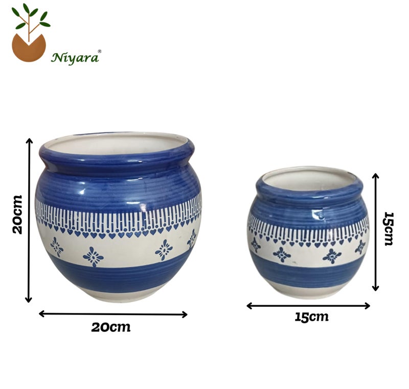 Niyara Multicolor Designer Handmade Handi Combo Ceramic planters Pot for Indoor Outdoor Home,Garden Office Decor Balcony Flower Size- 20 cm and 15 cm (Blue & White) - Image 5