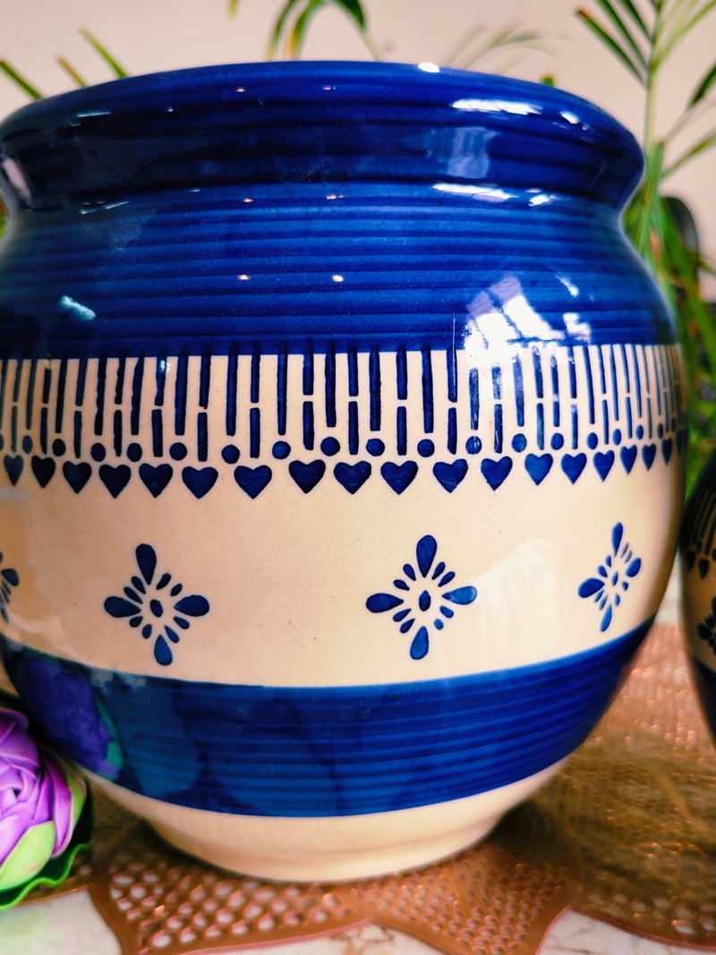 Niyara Multicolor Designer Handmade Handi Combo Ceramic planters Pot for Indoor Outdoor Home,Garden Office Decor Balcony Flower Size- 20 cm and 15 cm (Blue & White) - Image 4