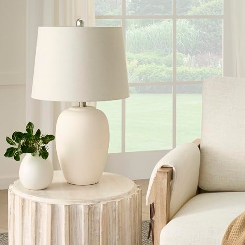 Nourison Home 23" Natural White Ceramic Jar Table Lamp for Bedroom, Living Room, Dining Office, with Off-White Shade - Image 1