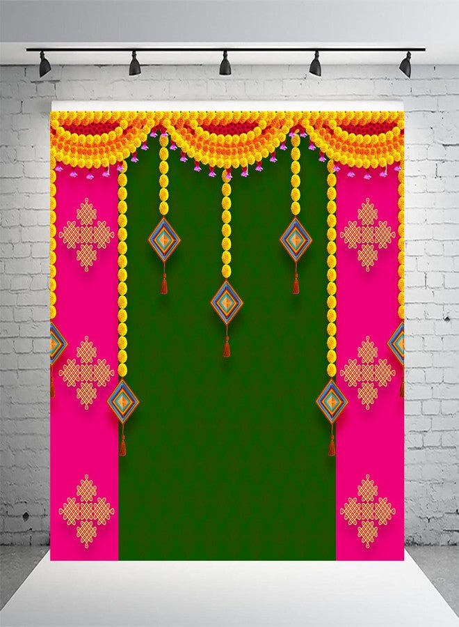 Dhara Creation Pooja Pink and Green (8ft - 8ft) Backdrop Wedding Decoration Curtain Cloth for Backdrop Cloth for Decoration Pooja. (Washable Fabric) - Image 1