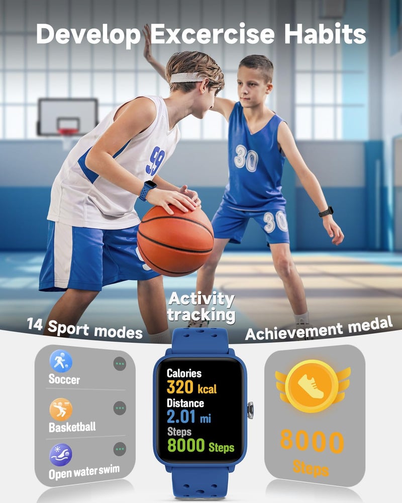 BIGGERFIVE Smart Watch for Kids Without APP, Fitness Tracker Watch Pedometer, Heart Rate, 5ATM Waterproof, Sleep Monitor, Calorie Step Counter, Games, Alarm Clock for Boys Girls 5-14, Porous Blue - Image 3