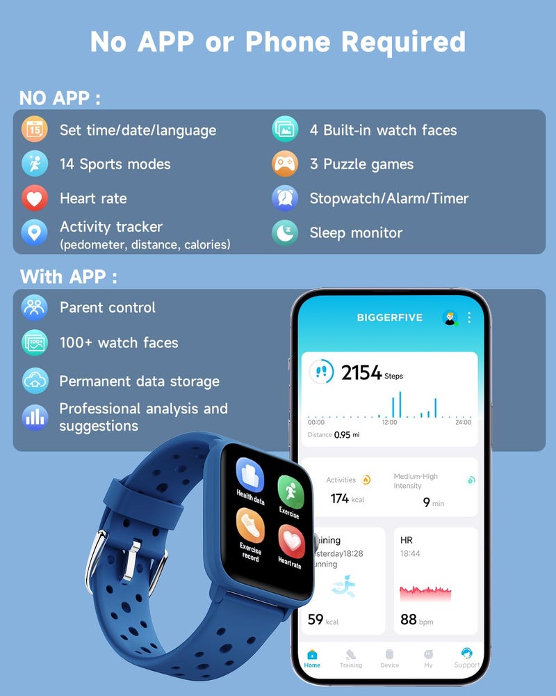 BIGGERFIVE Smart Watch for Kids Without APP, Fitness Tracker Watch Pedometer, Heart Rate, 5ATM Waterproof, Sleep Monitor, Calorie Step Counter, Games, Alarm Clock for Boys Girls 5-14, Porous Blue - Image 2