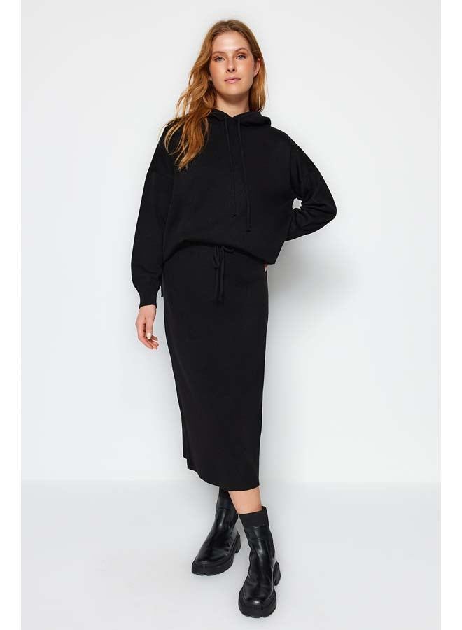 trendyol Black Hooded Sweater Skirted Knitwear Top-Bottom Set TWOAW24AU00091  - Image 1