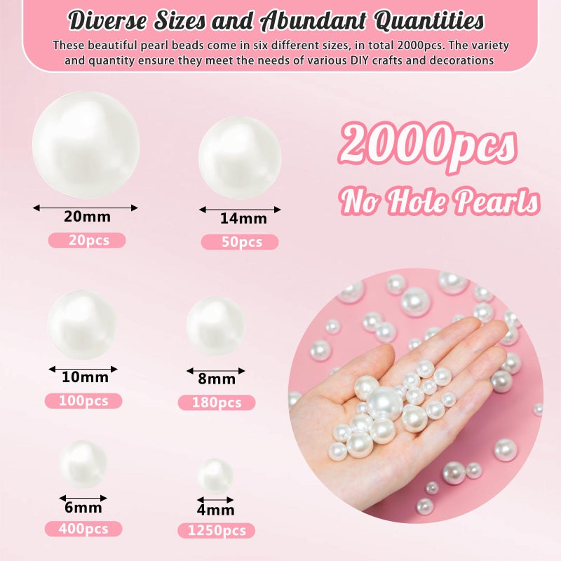 MACIOZE 2000PCS Pearls for Crafting, White No Hole Beads for Centerpieces Vases, Assorted Sizes Bulk Fake Pearls Beads for Vase Filler, Candles Centerpiece, DIY Crafts, Jewelry Making (4/6/8/10/14/20mm) - Image 2