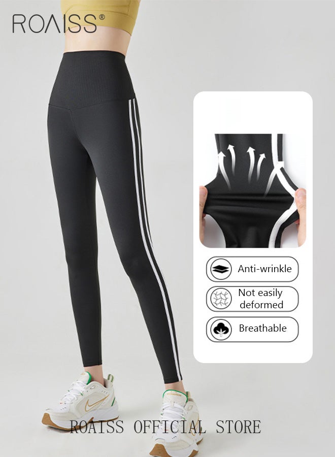 roaiss 2 Pack Women Striped Sweatpants Fitted Leggings Cropped Shorts High Elastic Fabric Yoga Fitness Pants Wear resistant and Anti wrinkle Can be Worn Outside Tighten the Waist Modify Body Proportions  - Image 4