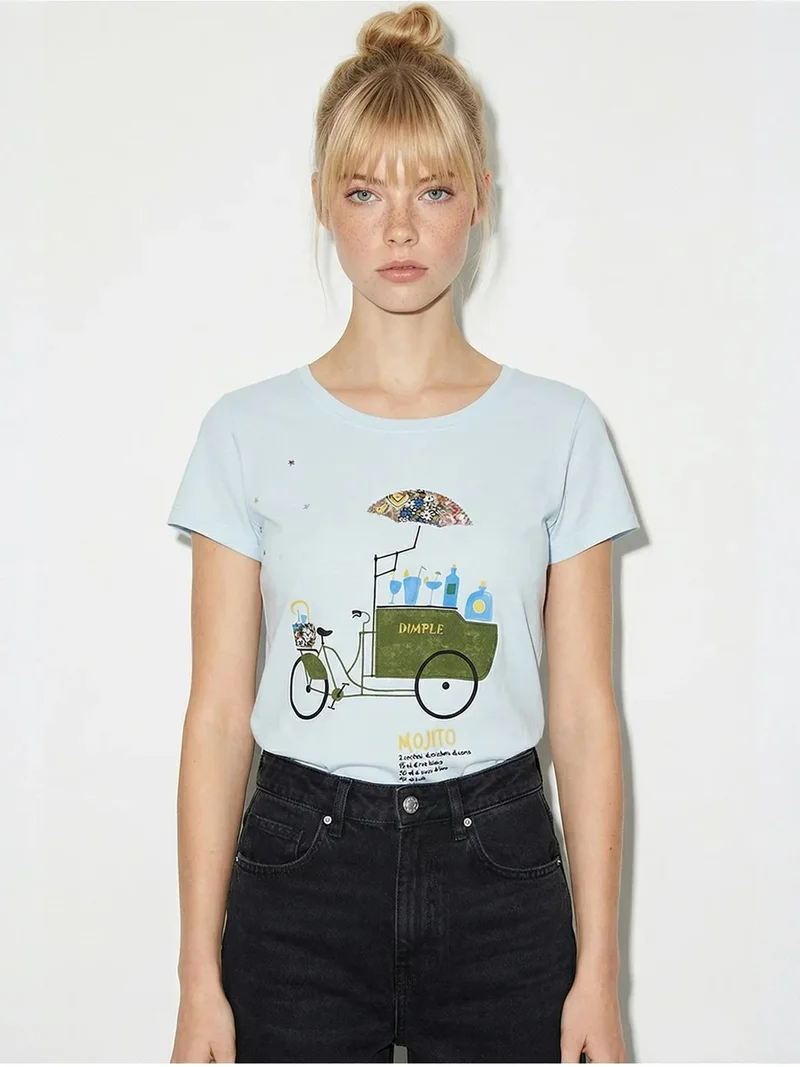 بيانكو لوتشي LUCCI Embroidered Printed Crew Neck T-Shirt