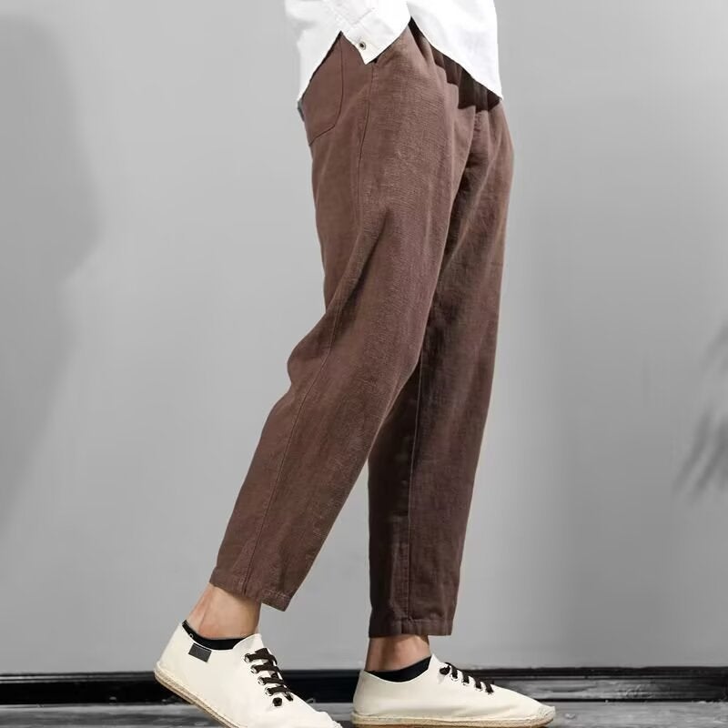 Summer Thin Linen Cropped Pants for Men Casual Straight Loose Tapered 9/10 Pants - Image 1