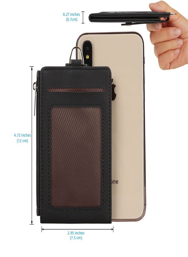 Cynure Women & Men Keychain Card Holder Case Zipper Slim Minimalist Front Pocket Wallet with 2 ID Window, Black - Image 5