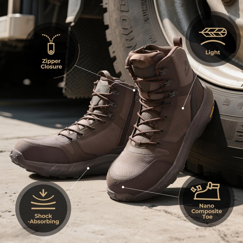 NORTIV 8 Men's Composite Toe Work Boots â€“ 8'' Lightweight ASTM F2412-24 & ASTM F2913-24 Safety Boots with Side Zipper for Construction & Warehouse, Metrostrike-Nano,Size 7,Brown,NMUMIB2412 - Image 4