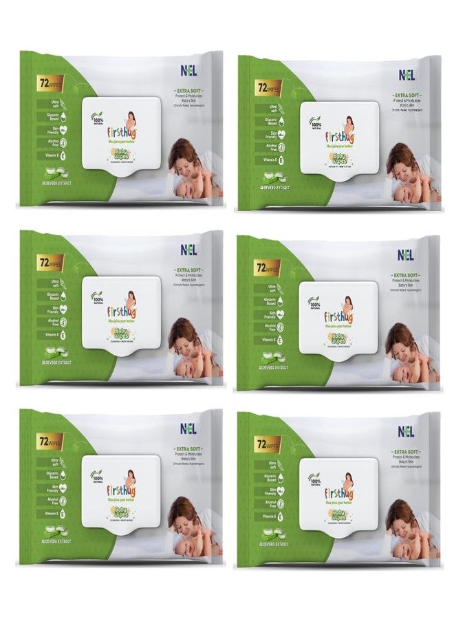 Firsthug Gentle Soft Cleansing Baby Wipes Aloevera & Vitamin E skin friendly 72 Pcs/Pack (Pack of 6) - Image 1