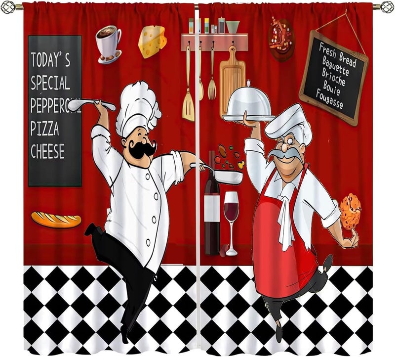 Yearn Jear Chef Window Curtains, Fat Funny Cook Theme Curtains for Bedroom & Living Room, Red Black Buffalo Check Plaid Kitchen Drape 2 Panel Set, 42x45 Inch Decor