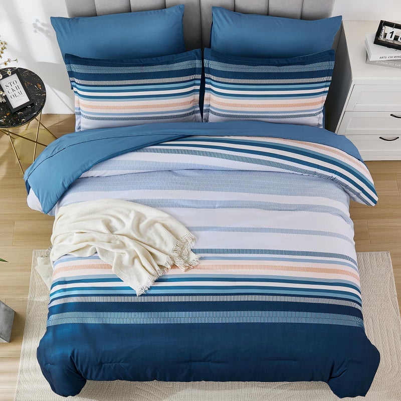 Dobuyly Blue Queen Comforter Set 7 Pieces, Boho Striped Bed in a Bag Queen Size Soft Microfiber All Season Bedding Set with Comforter, Sheets, Pillowcases & Shams - Image 4