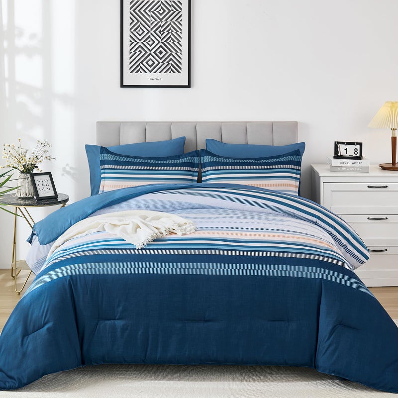 Dobuyly Blue Queen Comforter Set 7 Pieces, Boho Striped Bed in a Bag Queen Size Soft Microfiber All Season Bedding Set with Comforter, Sheets, Pillowcases & Shams - Image 2