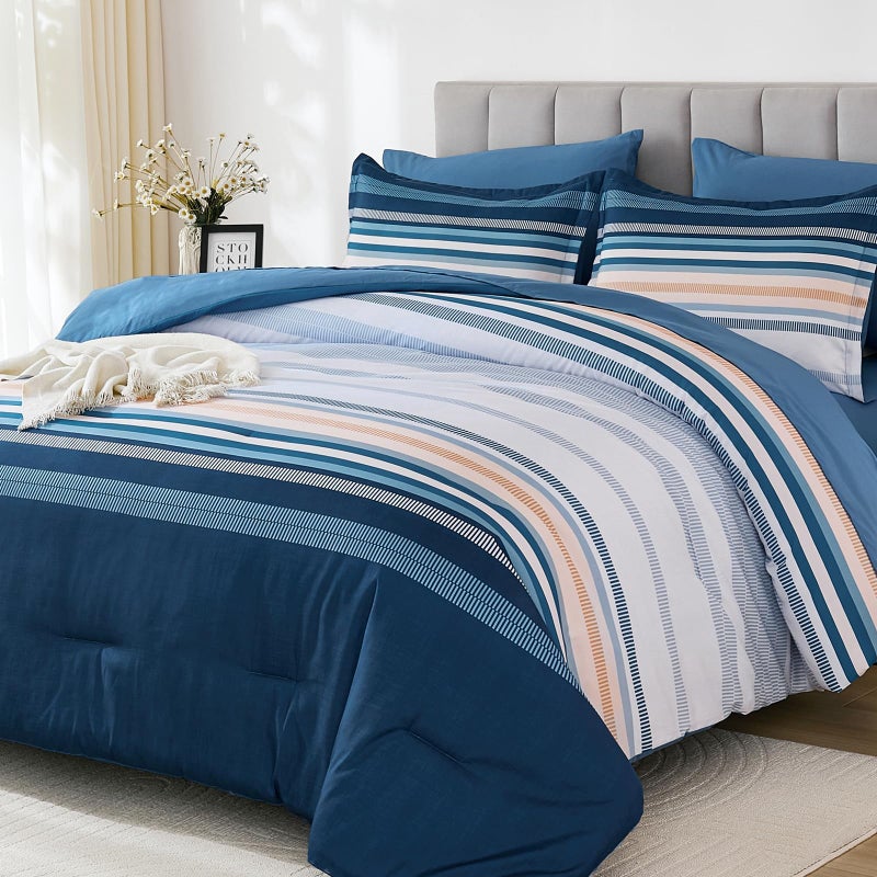 Dobuyly Blue Queen Comforter Set 7 Pieces, Boho Striped Bed in a Bag Queen Size Soft Microfiber All Season Bedding Set with Comforter, Sheets, Pillowcases & Shams - Image 1