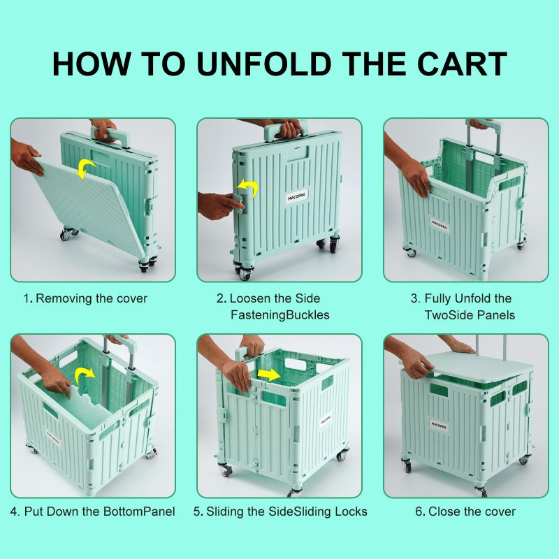 MACOPRO Folding Utility Cart Portable Rolling Crate Handcart Shopping Trolley Collapsible Tool Box, with Lid, Basket on 4 Rotate Wheels, for Grocery, Office, Teacher, Travel Shop Move Luggage (Green) - Image 5