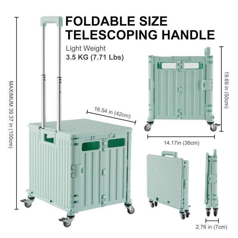 MACOPRO Folding Utility Cart Portable Rolling Crate Handcart Shopping Trolley Collapsible Tool Box, with Lid, Basket on 4 Rotate Wheels, for Grocery, Office, Teacher, Travel Shop Move Luggage (Green) - Image 4